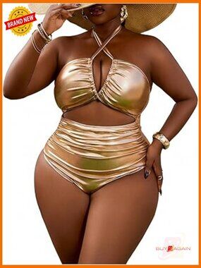 Plus Size Metallic One Piece Swimsuit Criss Cross Cut Out Halter Monokini